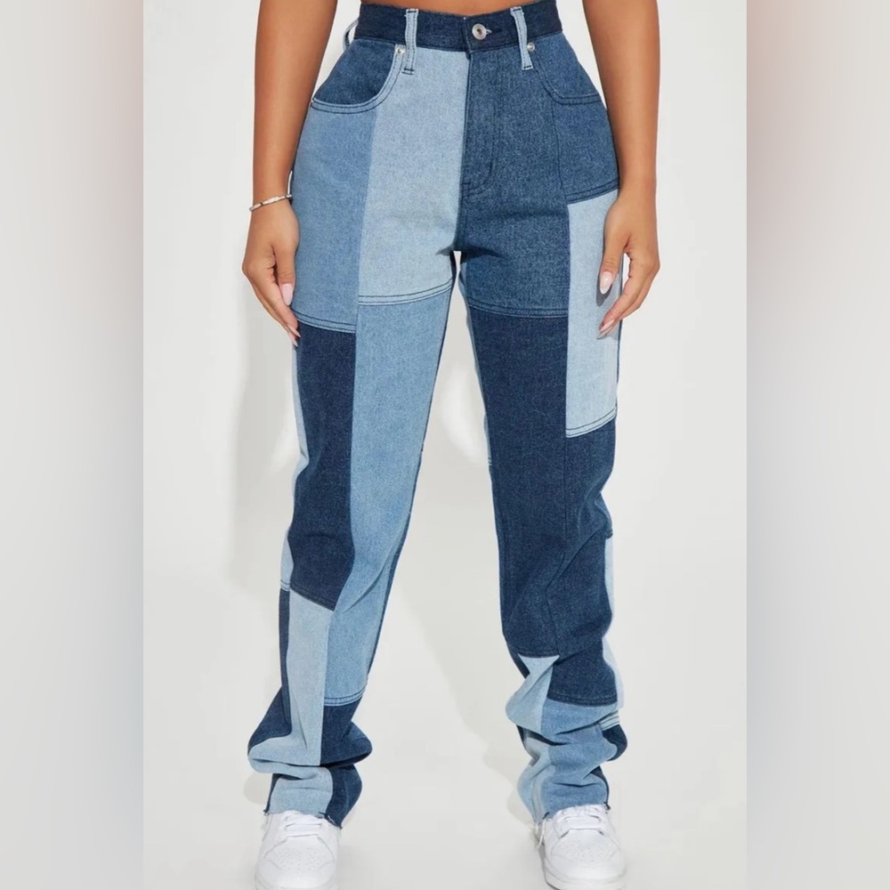Fashion Nova Hey Girl Patchwork Denim Cropped & Jacket Straight Leg Jeans 14 XL - Picture 7 of 11